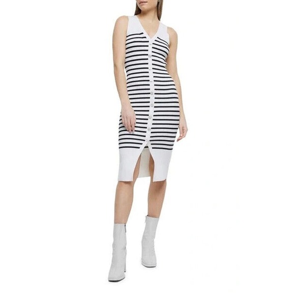 River Island Striped Sleeveless Button-up Sweater Dress Women's Navy Cream US 6 - Picture 1 of 7